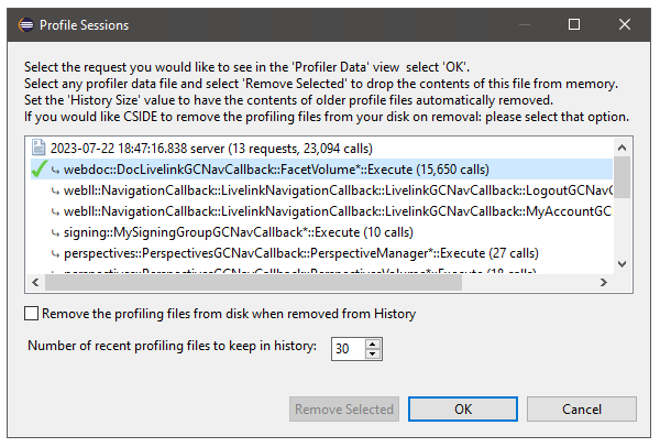 Profiler history dialog